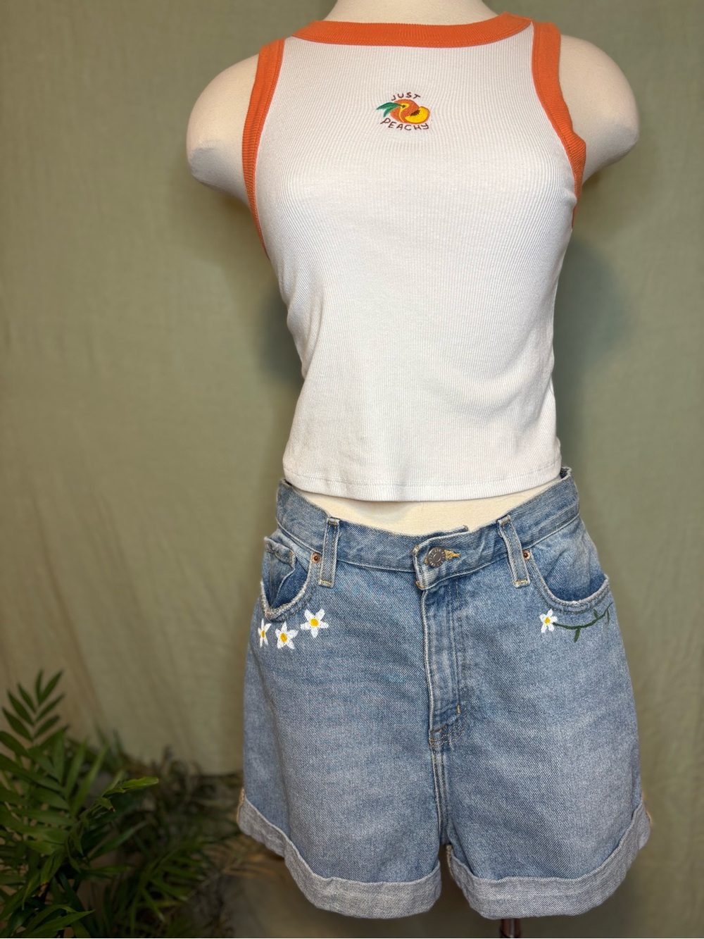 White “Just Peachy” Tank Top with Orange Trim and Peach Graphic